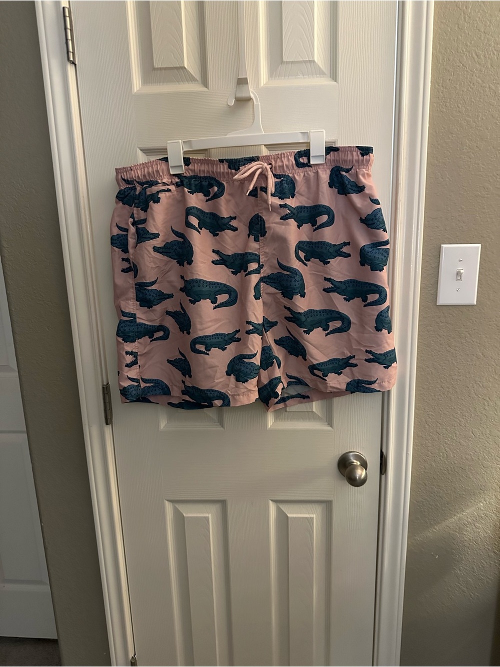 Men's Pink Swim Shorts with Green Alligator Print With Navy Accents